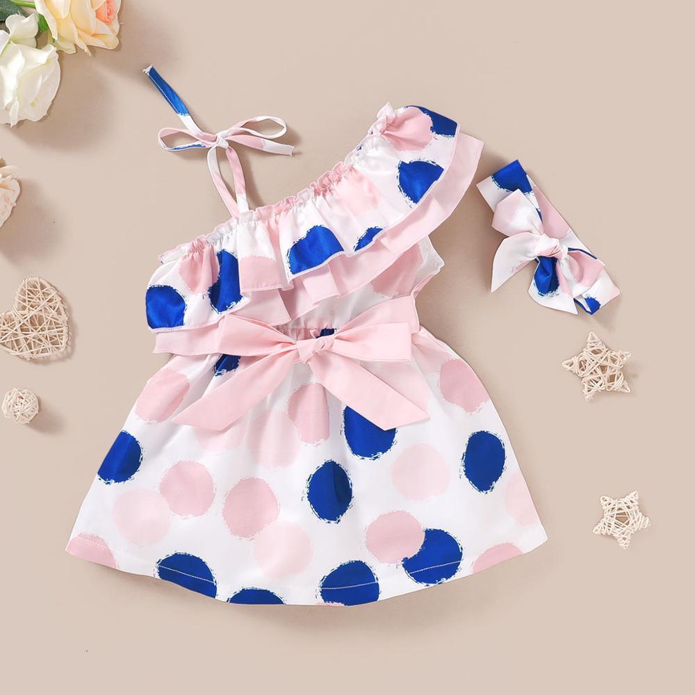 Stevvex baby girl dress set with headband, pink and blue polka dots, bow at waist on Tampa Home & Garden Store