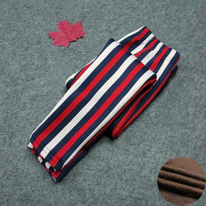 Kids striped leggings by Stevvex, navy red white stripes, fleece-lined for autumn winter on Tampa Home & Garden Store