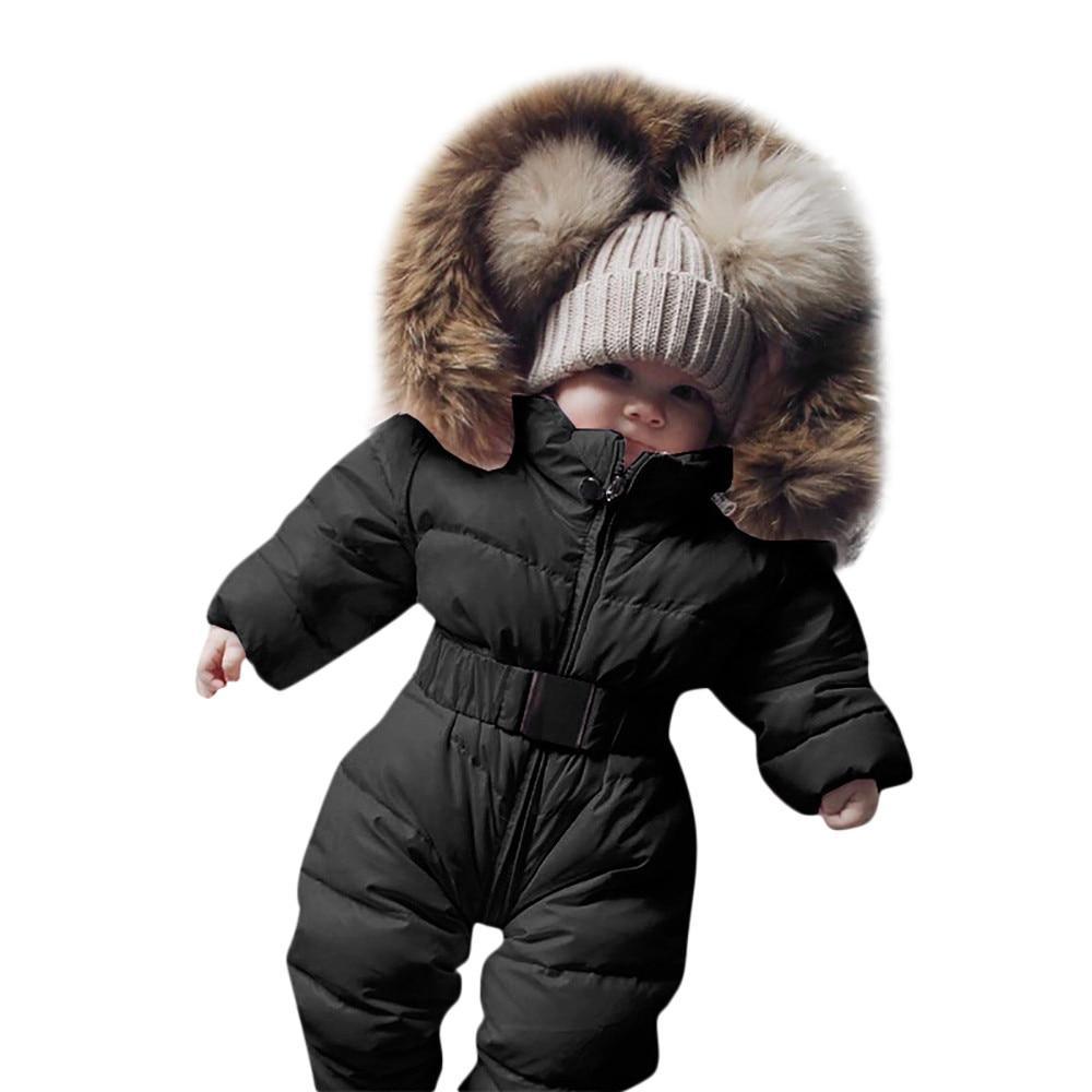 Infant winter snowsuit jumpsuit by Stevvex, black puffer with fur-trimmed hood on Tampa Home & Garden Store