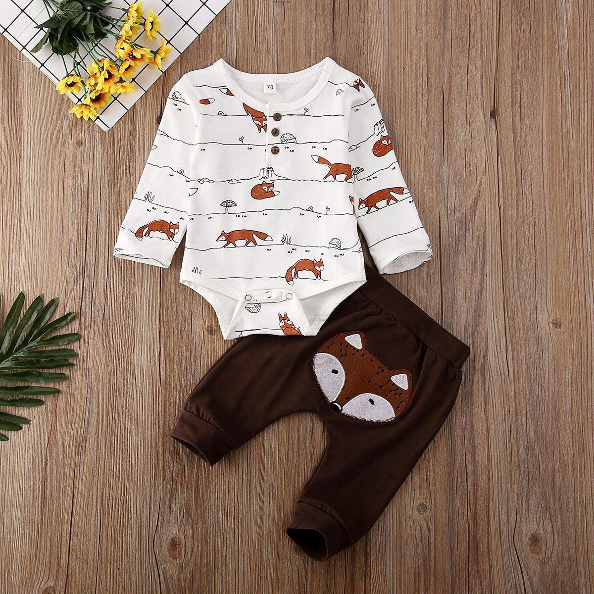 Stevvex baby outfit: white fox-print long-sleeve top with brown pants and fox patch on Tampa Home & Garden Store