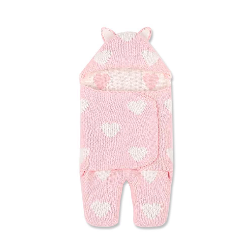 Baby sleeping bag in pink knit with white hearts pattern and hood with ears by Stevvex on Tampa Home & Garden Store