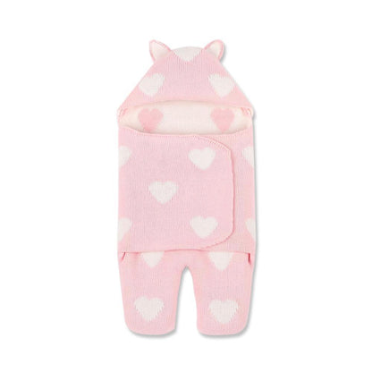 Baby sleeping bag in pink knit with white hearts pattern and hood with ears by Stevvex on Tampa Home & Garden Store