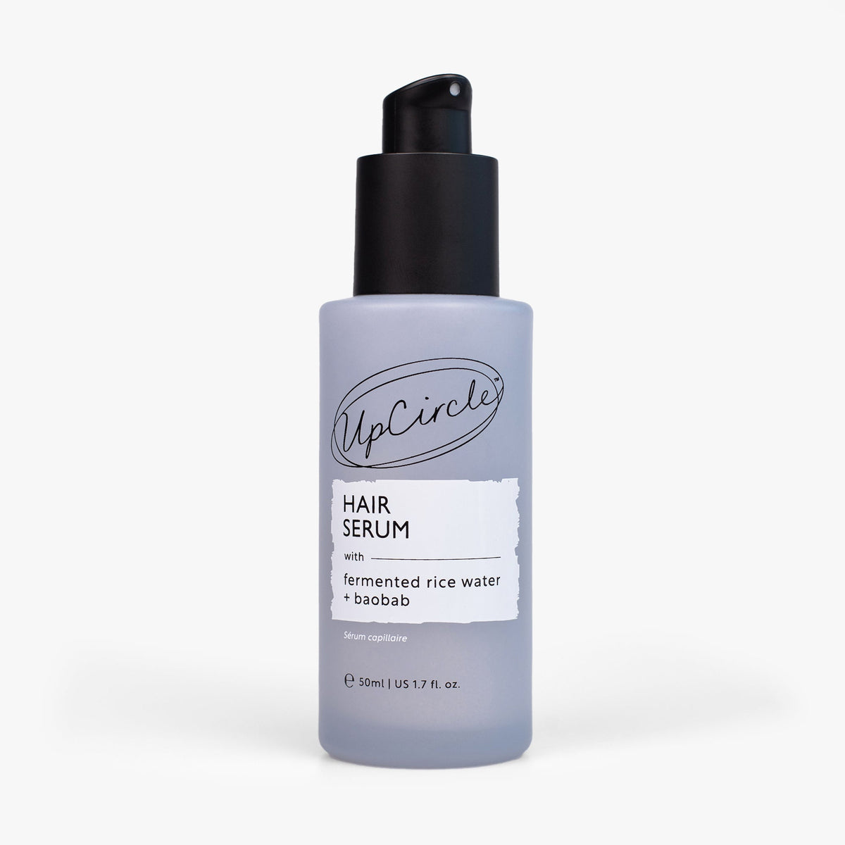 Hair Serum by UpCircle bottle with pump, gray label featuring fermented rice water + baobab on Tampa Home & Garden Store