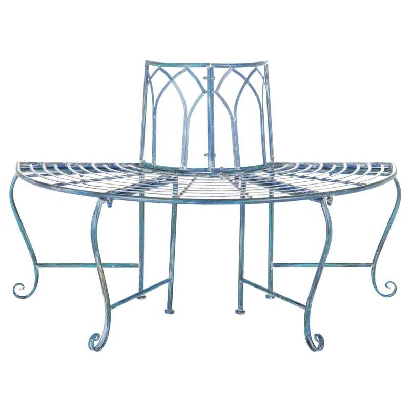 Half-Circle Outdoor Patio Garden Antique Blue Wrought Iron Tree Bench - Tampa Home & Garden Store