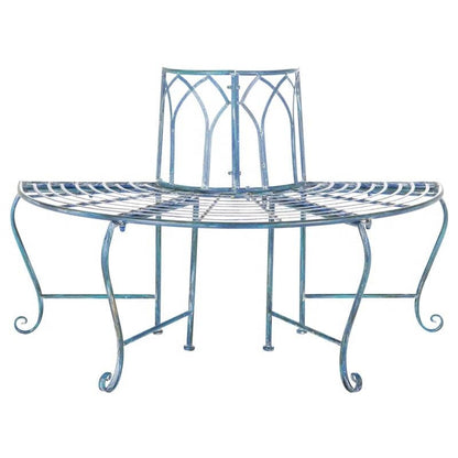 Half-Circle Outdoor Patio Garden Antique Blue Wrought Iron Tree Bench - Tampa Home & Garden Store