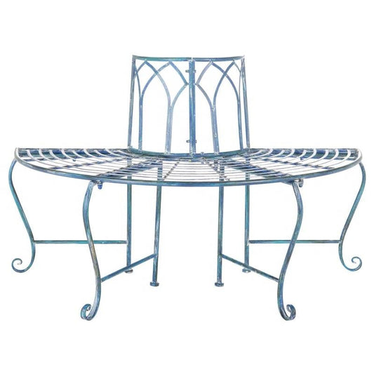 Half-Circle Outdoor Patio Garden Antique Blue Wrought Iron Tree Bench - Tampa Home & Garden Store