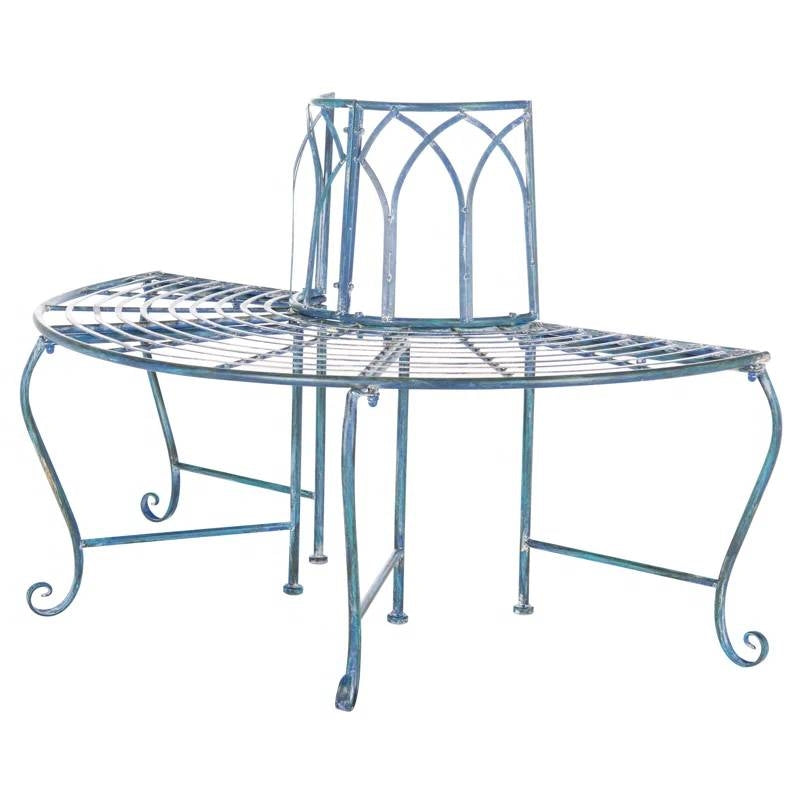 Half-Circle Outdoor Patio Garden Antique Blue Wrought Iron Tree Bench - Tampa Home & Garden Store