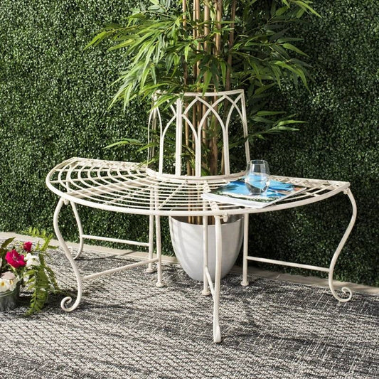 Half-Circle Outdoor Patio Garden Antique White Wrought Iron Tree Bench - Tampa Home & Garden Store