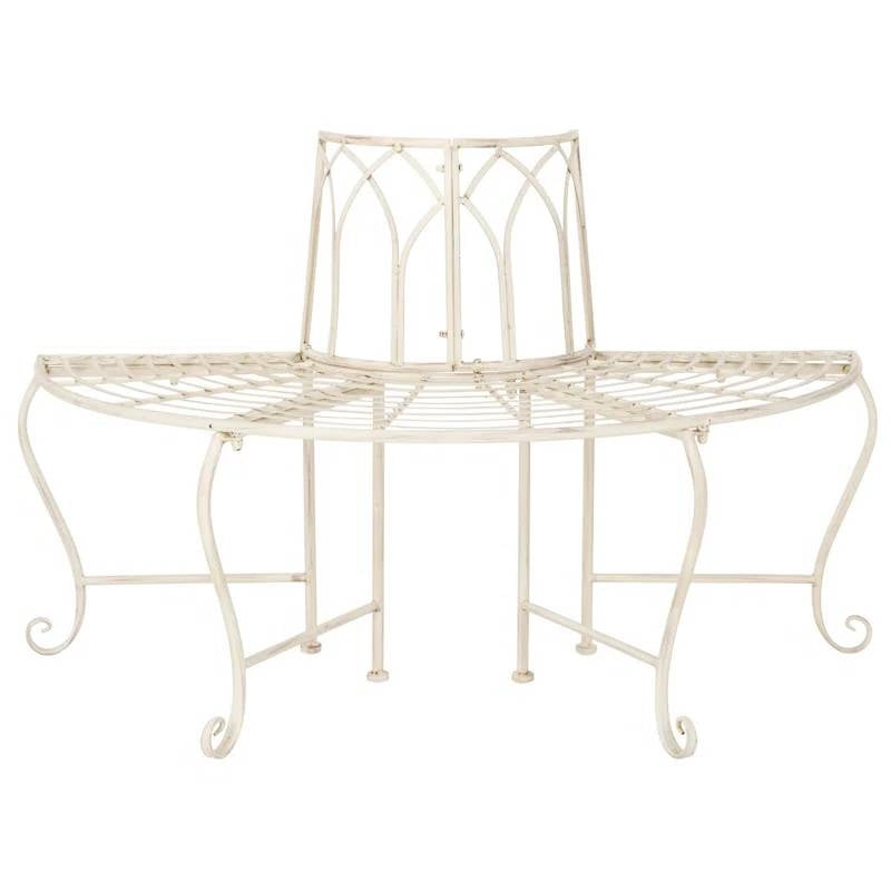 Half-Circle Outdoor Patio Garden Antique White Wrought Iron Tree Bench - Tampa Home & Garden Store
