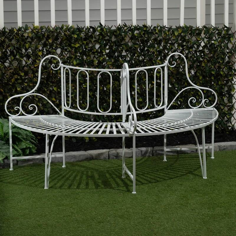 Half-Circle White Metal Outdoor Patio Garden Tree Bench - Tampa Home & Garden Store
