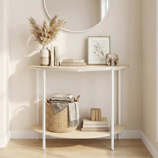 Half Moon Console Table 40 inch 2-tier entryway with light wood top and white frame; pampas grass on Tampa Home & Garden Store