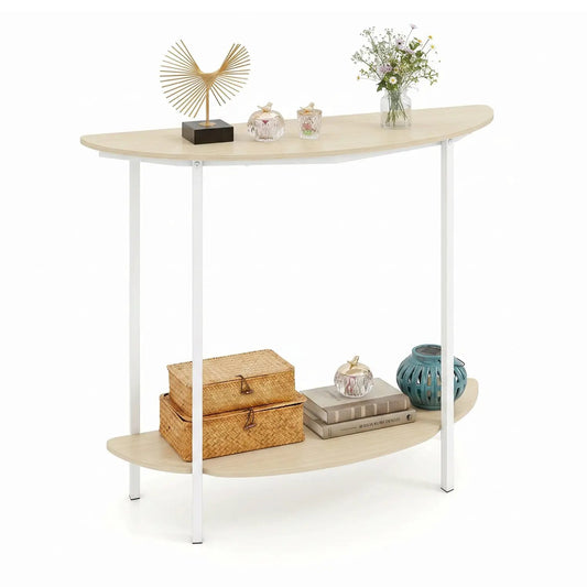 DirectDeals Half Moon Console Table 40 inch, white frame, light wood top, 2-tier shelf on Tampa Home & Garden Store