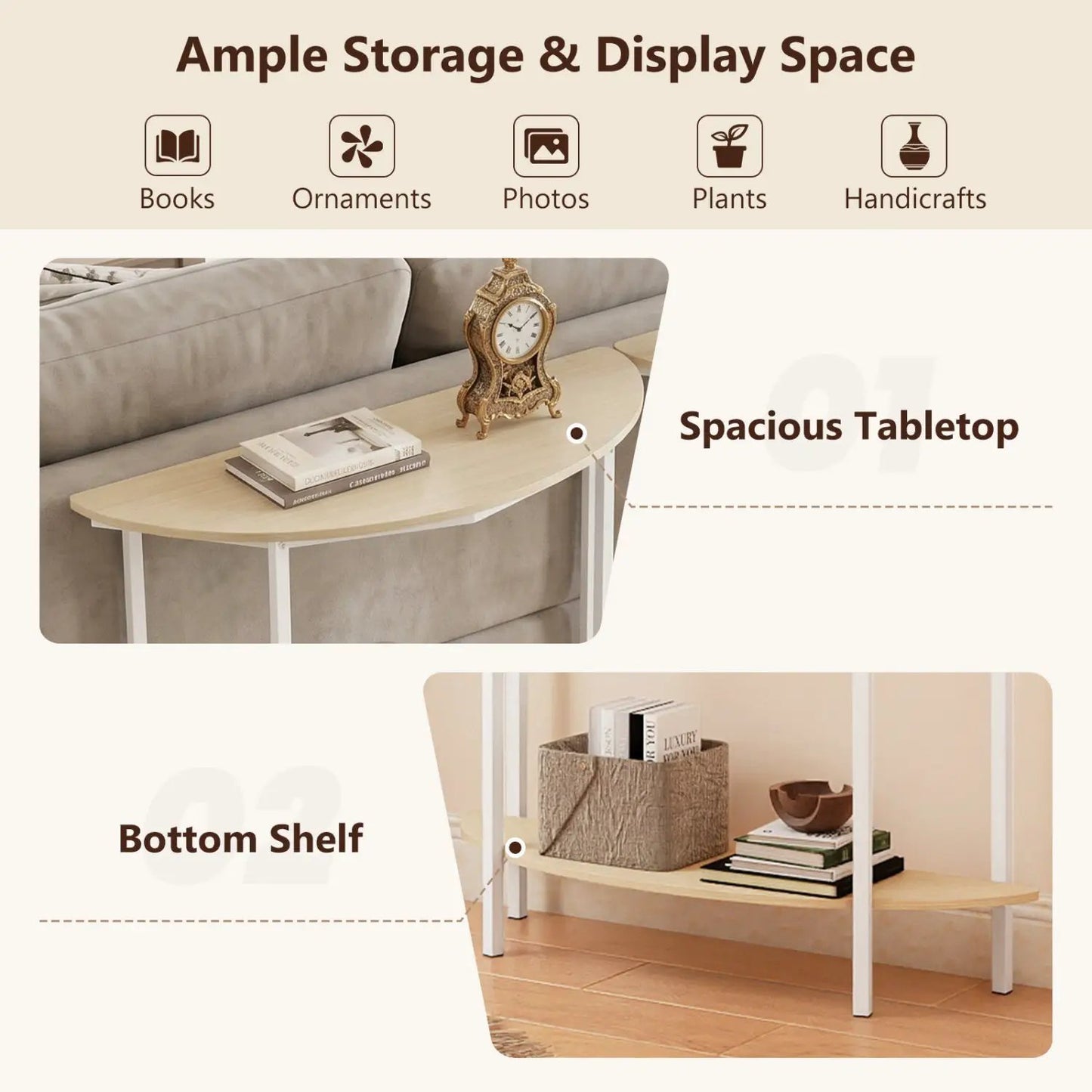 Half Moon Console Table 40 Inch 2 Tier Shelf