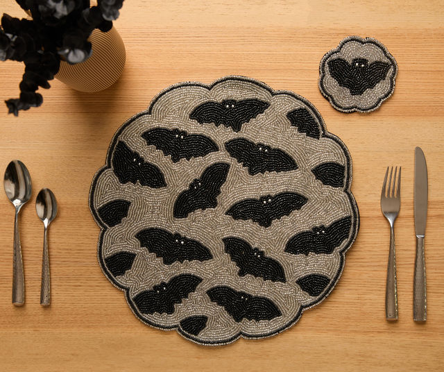 Halloween Bat Beaded Coaster – Handmade Cup Mat with Glass Beads – Gothic Drink Decor – Velvet Backing – Spooky Fall Table Accent - Tampa Home & Garden Store
