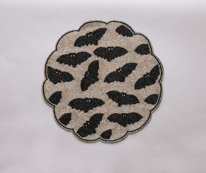 Halloween Bat Beaded Placemat Handmade Round Black Gold Table Decor Gothic Dining Mat Scalloped Edge Spooky Party Setting Gift - Tampa Home & Garden Store