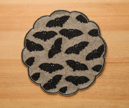 Halloween Bat Beaded Placemat Handmade Round Black Gold Table Decor Gothic Dining Mat Scalloped Edge Spooky Party Setting Gift - Tampa Home & Garden Store