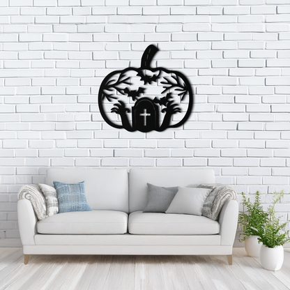 Halloween Cemetery Pumpkin Metal Wall Art – Spooky Black Steel Halloween Decor- KAF504 - Tampa Home & Garden Store