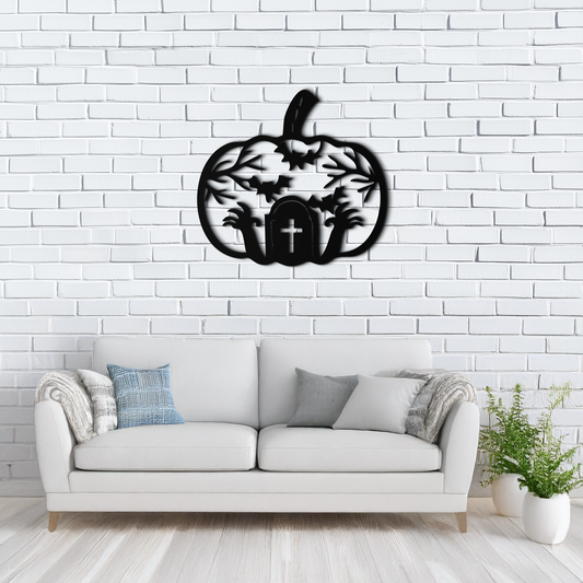 Halloween Cemetery Pumpkin Metal Wall Art – Spooky Black Steel Halloween Decor- KAF504 - Tampa Home & Garden Store