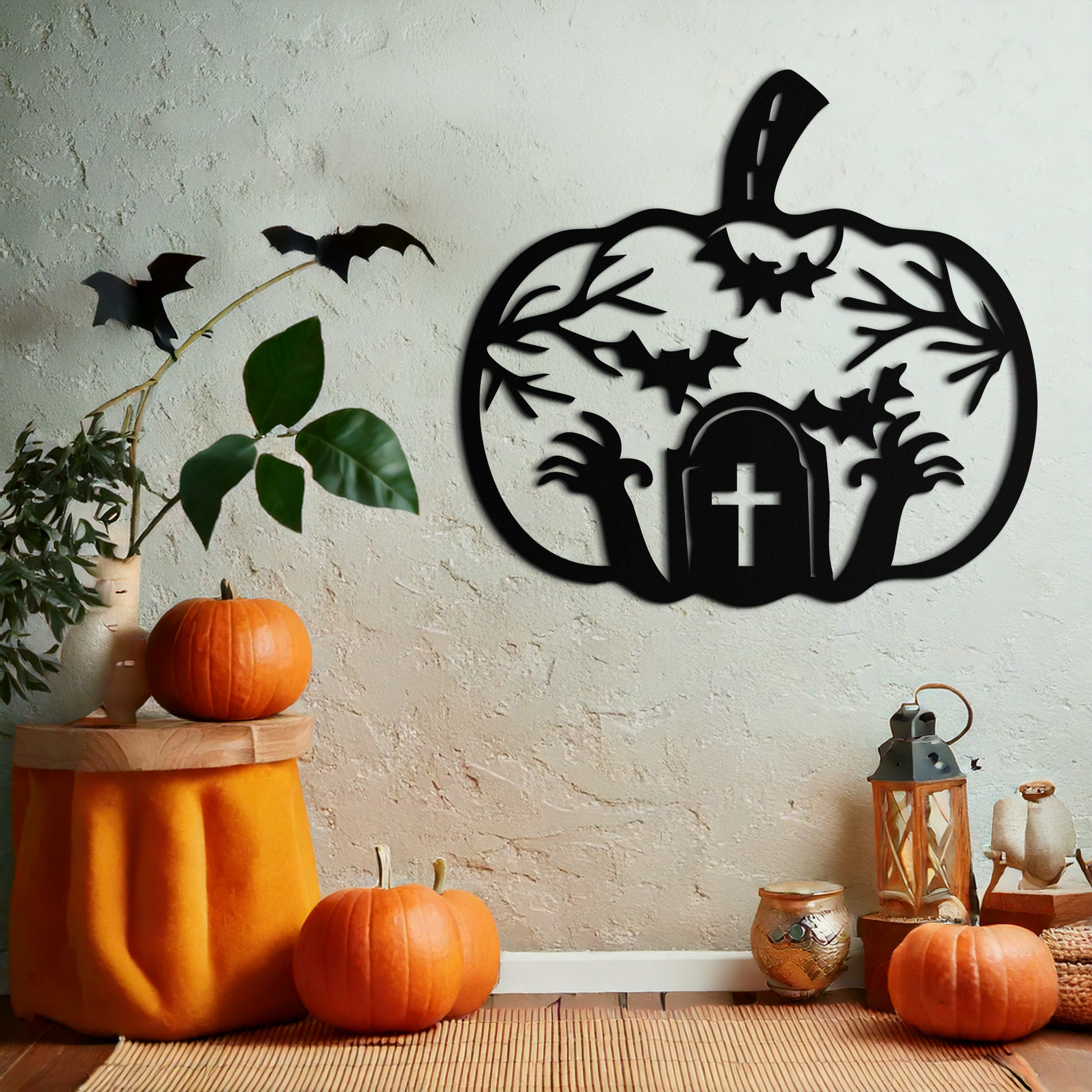 Halloween Cemetery Pumpkin Metal Wall Art – Spooky Black Steel Halloween Decor- KAF504 - Tampa Home & Garden Store