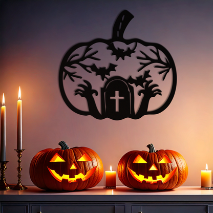 Halloween Cemetery Pumpkin Metal Wall Art – Spooky Black Steel Halloween Decor- KAF504 - Tampa Home & Garden Store