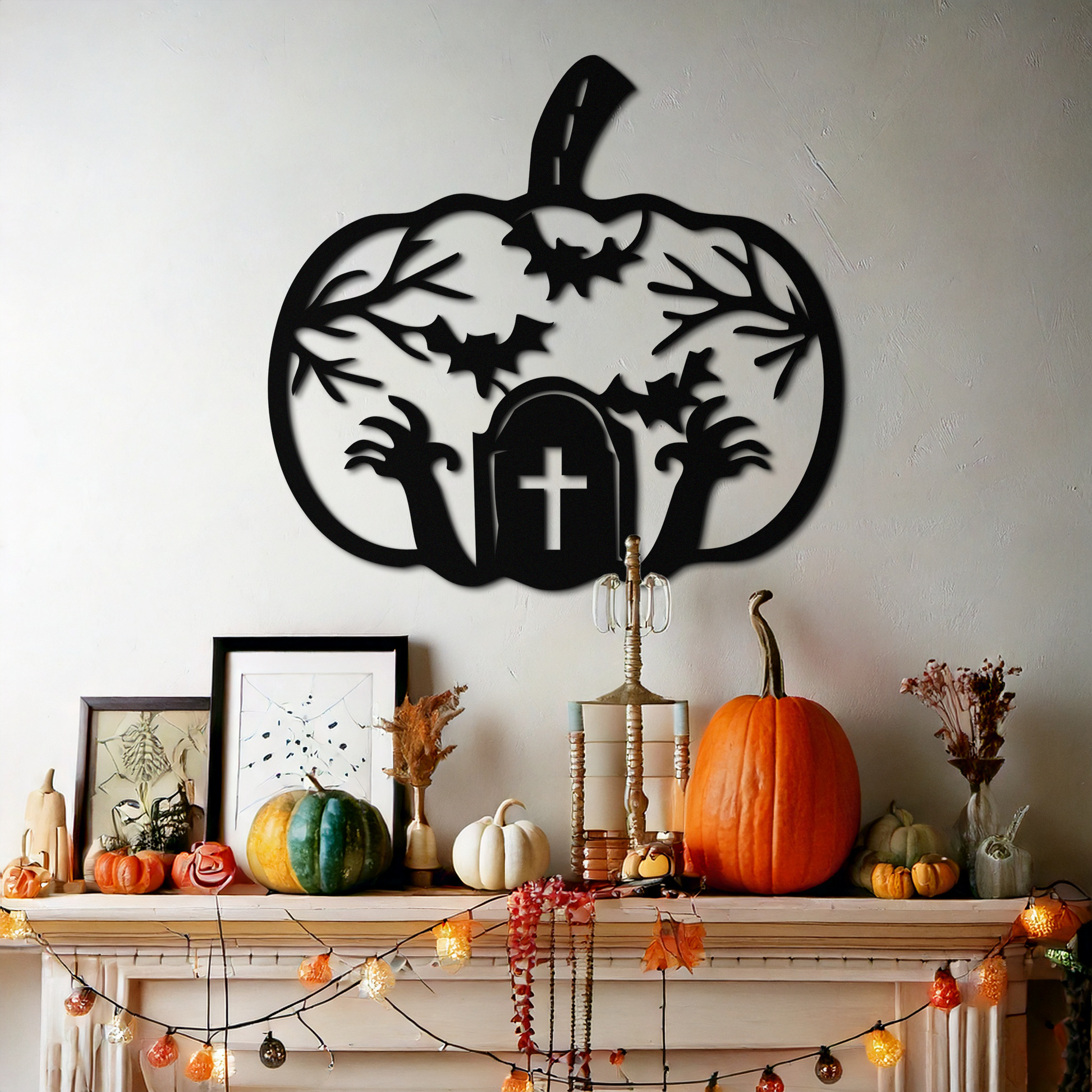 Halloween Cemetery Pumpkin Metal Wall Art – Spooky Black Steel Halloween Decor- KAF504 - Tampa Home & Garden Store