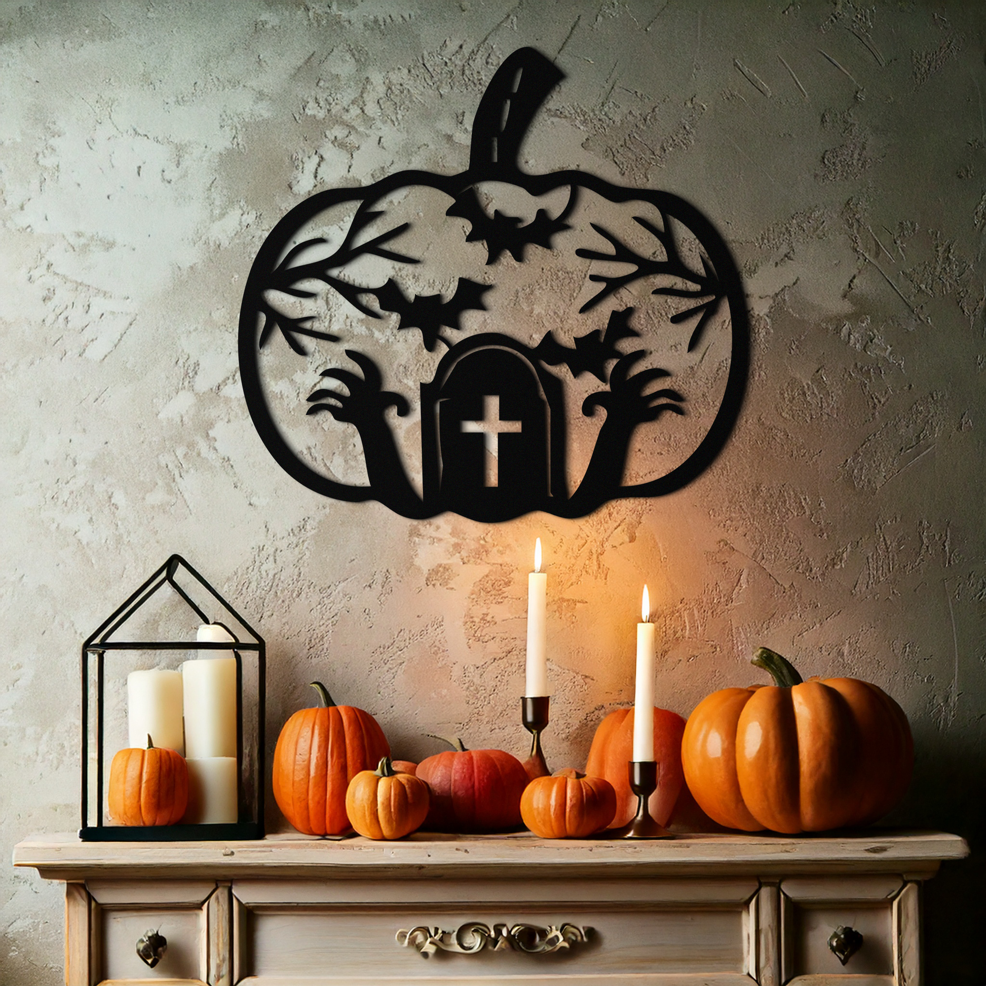Halloween Cemetery Pumpkin Metal Wall Art – Spooky Black Steel Halloween Decor- KAF504 - Tampa Home & Garden Store