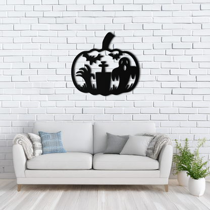 Halloween Ghost Pumpkin Metal Wall Art – Black Steel Spooky Holiday Decoration- KAF503 - Tampa Home & Garden Store