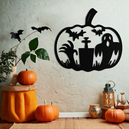 Halloween Ghost Pumpkin Metal Wall Art – Black Steel Spooky Holiday Decoration- KAF503 - Tampa Home & Garden Store
