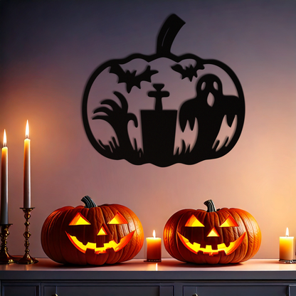 Halloween Ghost Pumpkin Metal Wall Art – Black Steel Spooky Holiday Decoration- KAF503 - Tampa Home & Garden Store