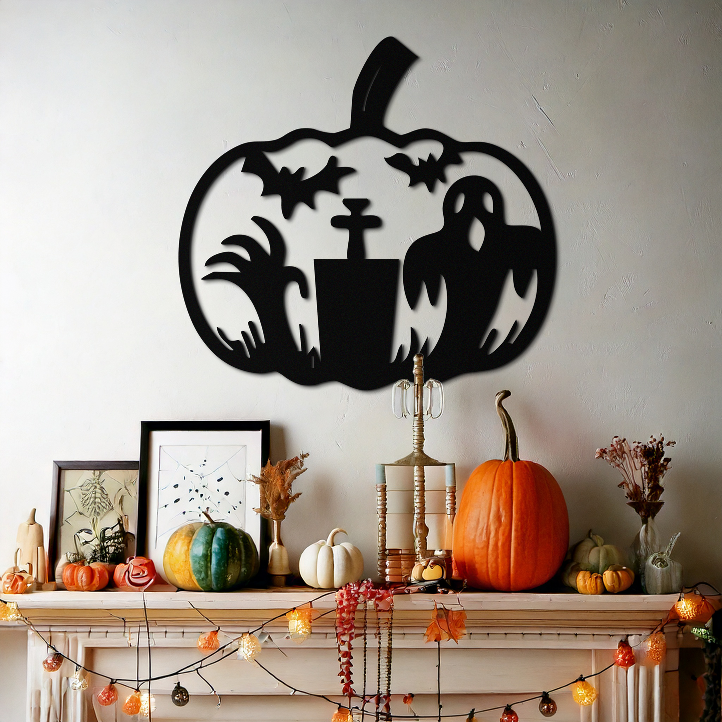 Halloween Ghost Pumpkin Metal Wall Art – Black Steel Spooky Holiday Decoration- KAF503 - Tampa Home & Garden Store