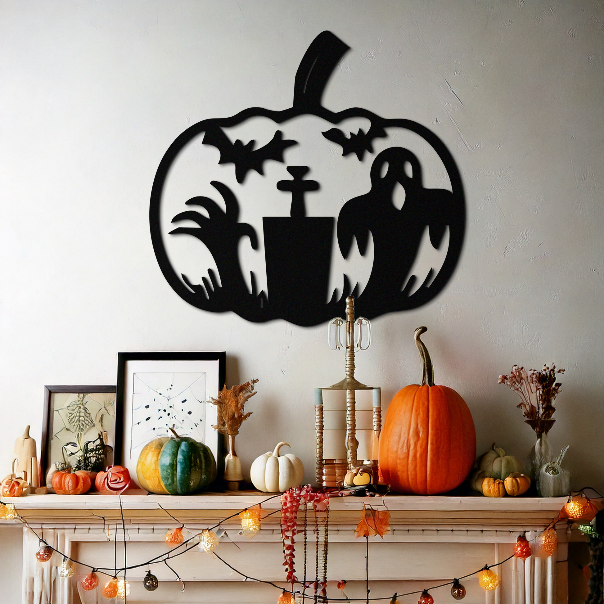 Halloween Ghost Pumpkin Metal Wall Art – Black Steel Spooky Holiday Decoration- KAF503 - Tampa Home & Garden Store