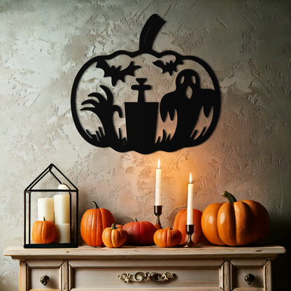 Halloween Ghost Pumpkin Metal Wall Art – Black Steel Spooky Holiday Decoration- KAF503 - Tampa Home & Garden Store