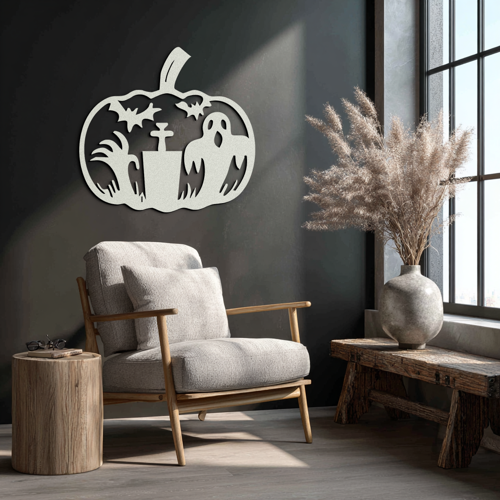 Halloween Ghost Pumpkin Metal Wall Art – Black Steel Spooky Holiday Decoration- KAF503 - Tampa Home & Garden Store