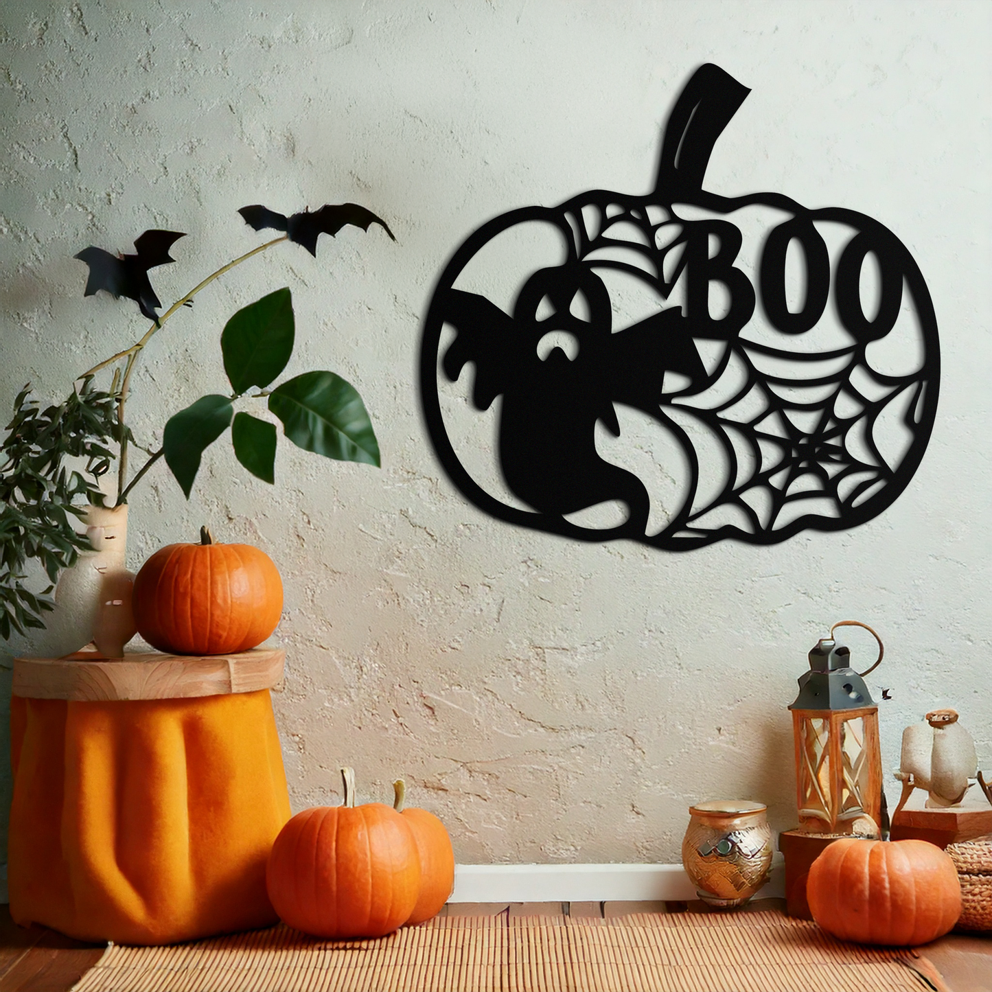 Halloween Pumpkin Ghost Metal Wall Art – Spooky Black Steel Holiday Decoration- KAF501 - Tampa Home & Garden Store
