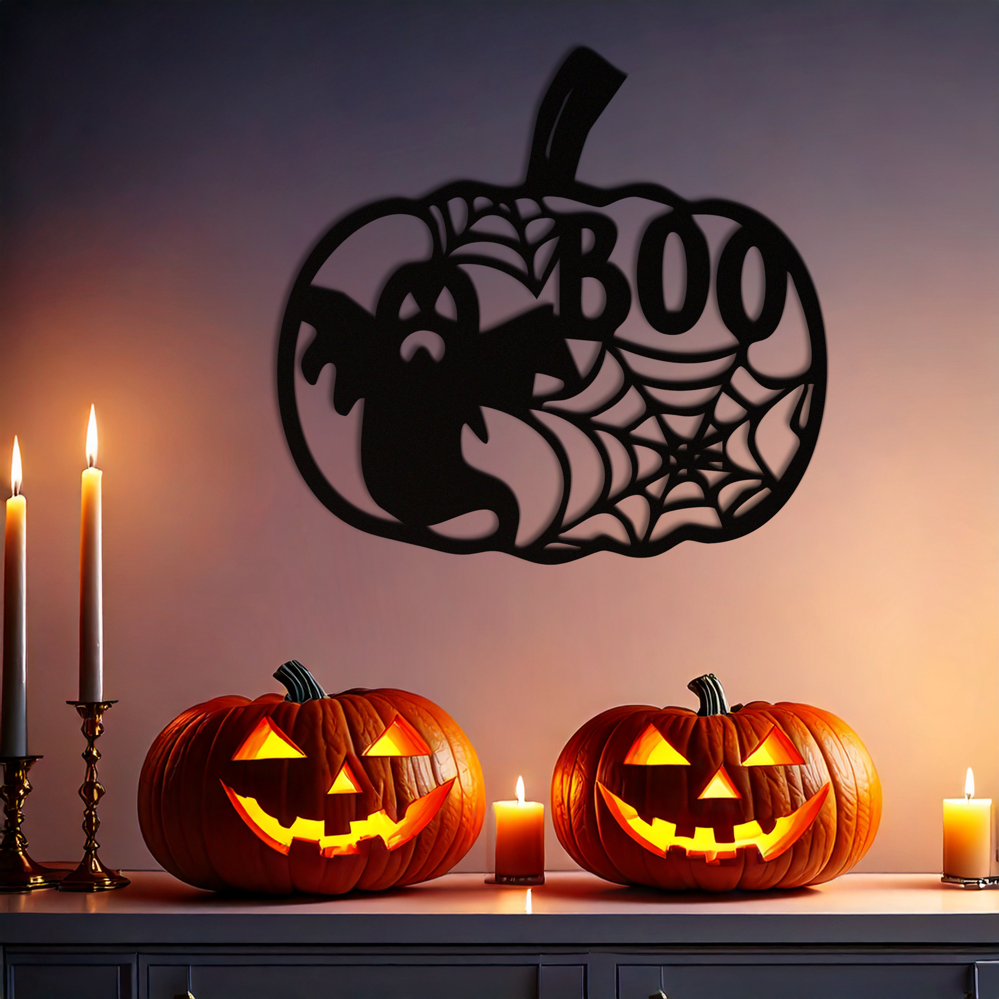 Halloween Pumpkin Ghost Metal Wall Art – Spooky Black Steel Holiday Decoration- KAF501 - Tampa Home & Garden Store