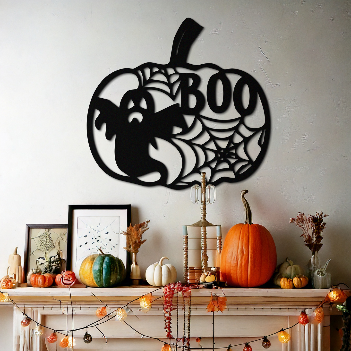 Halloween Pumpkin Ghost Metal Wall Art – Spooky Black Steel Holiday Decoration- KAF501 - Tampa Home & Garden Store