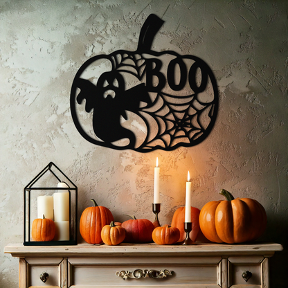 Halloween Pumpkin Ghost Metal Wall Art – Spooky Black Steel Holiday Decoration- KAF501 - Tampa Home & Garden Store