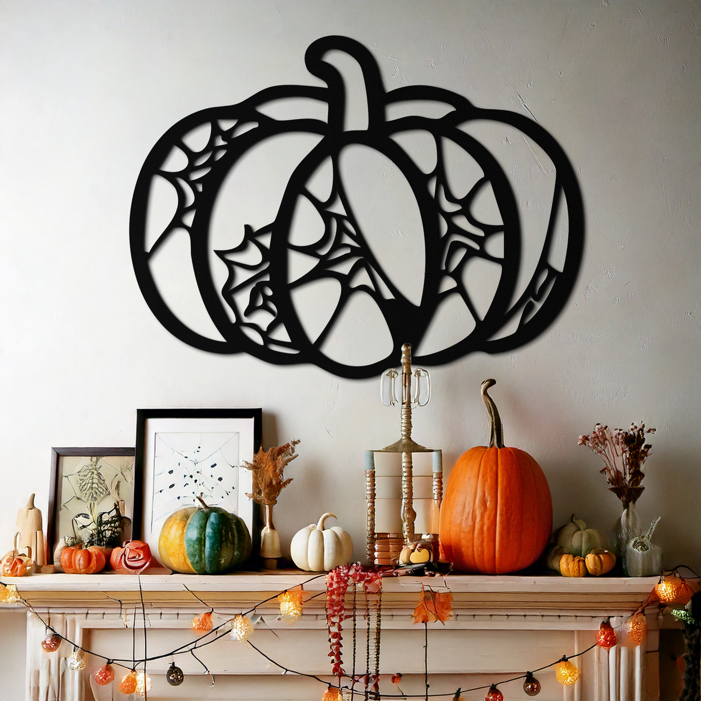 Calabaza de Halloween de metal para pared – Decoración otoñal embrujada de acero negro - KAF506