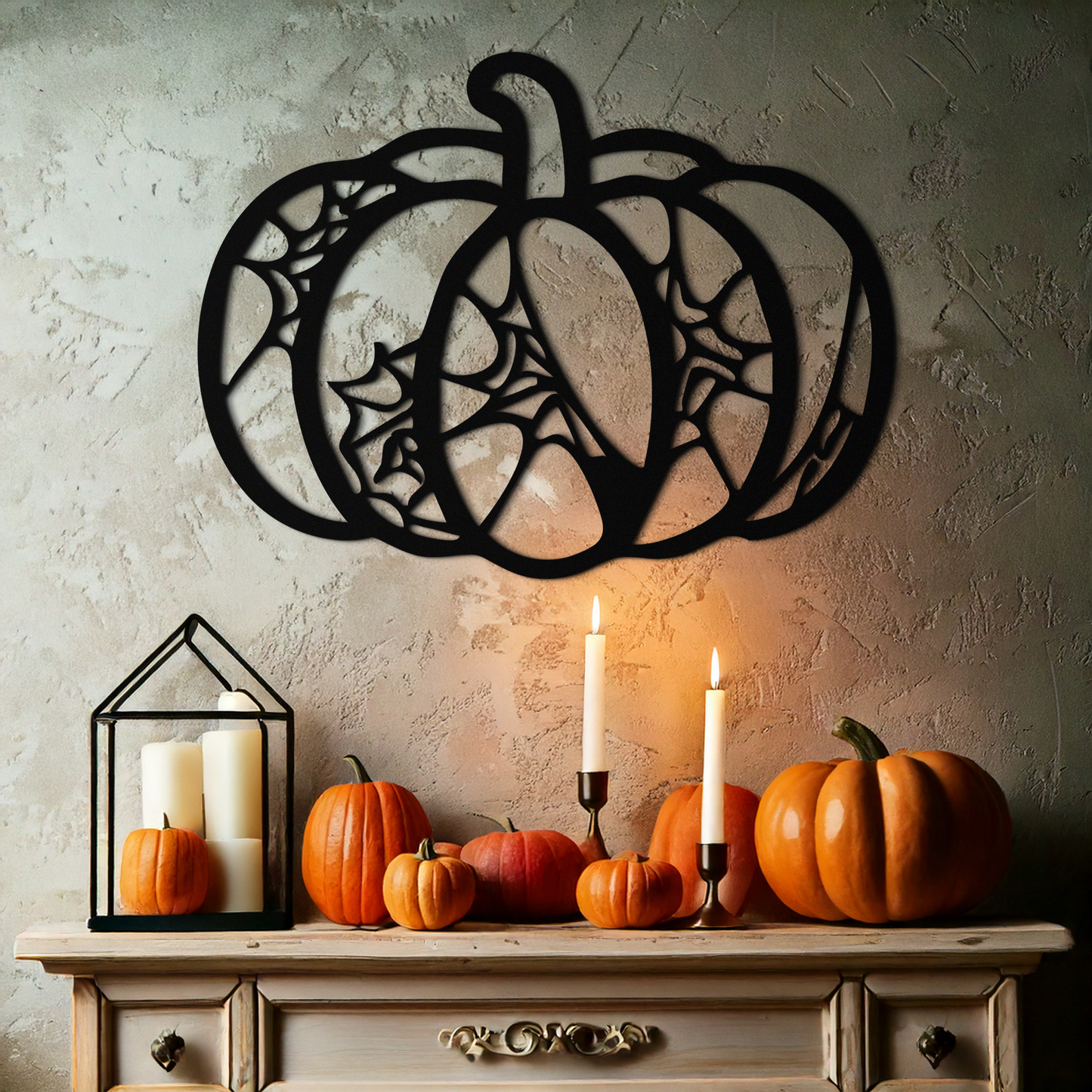 Calabaza de Halloween de metal para pared – Decoración otoñal embrujada de acero negro - KAF506