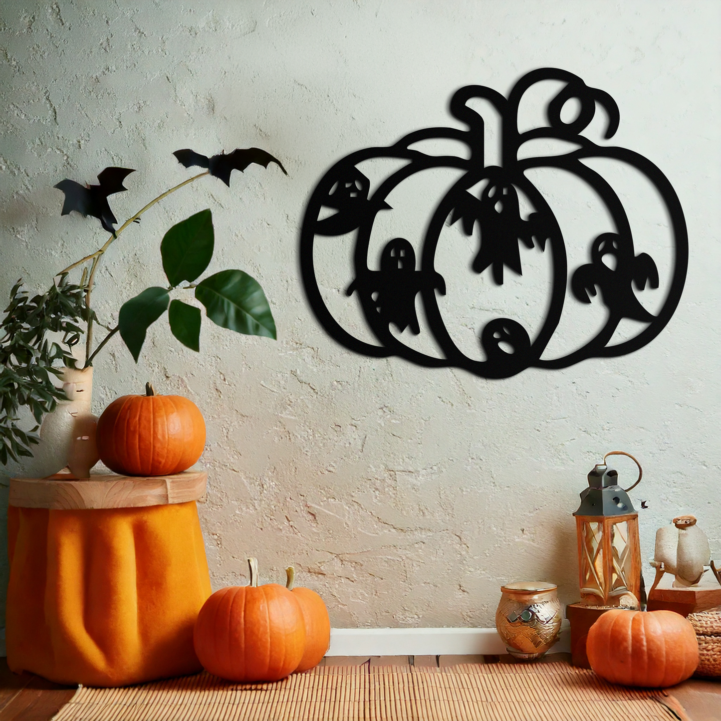 Halloween Pumpkin and Ghosts Metal Wall Art – Spooky Black Steel Decoration- KAF505 - Tampa Home & Garden Store