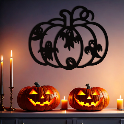Halloween Pumpkin and Ghosts Metal Wall Art – Spooky Black Steel Decoration- KAF505 - Tampa Home & Garden Store