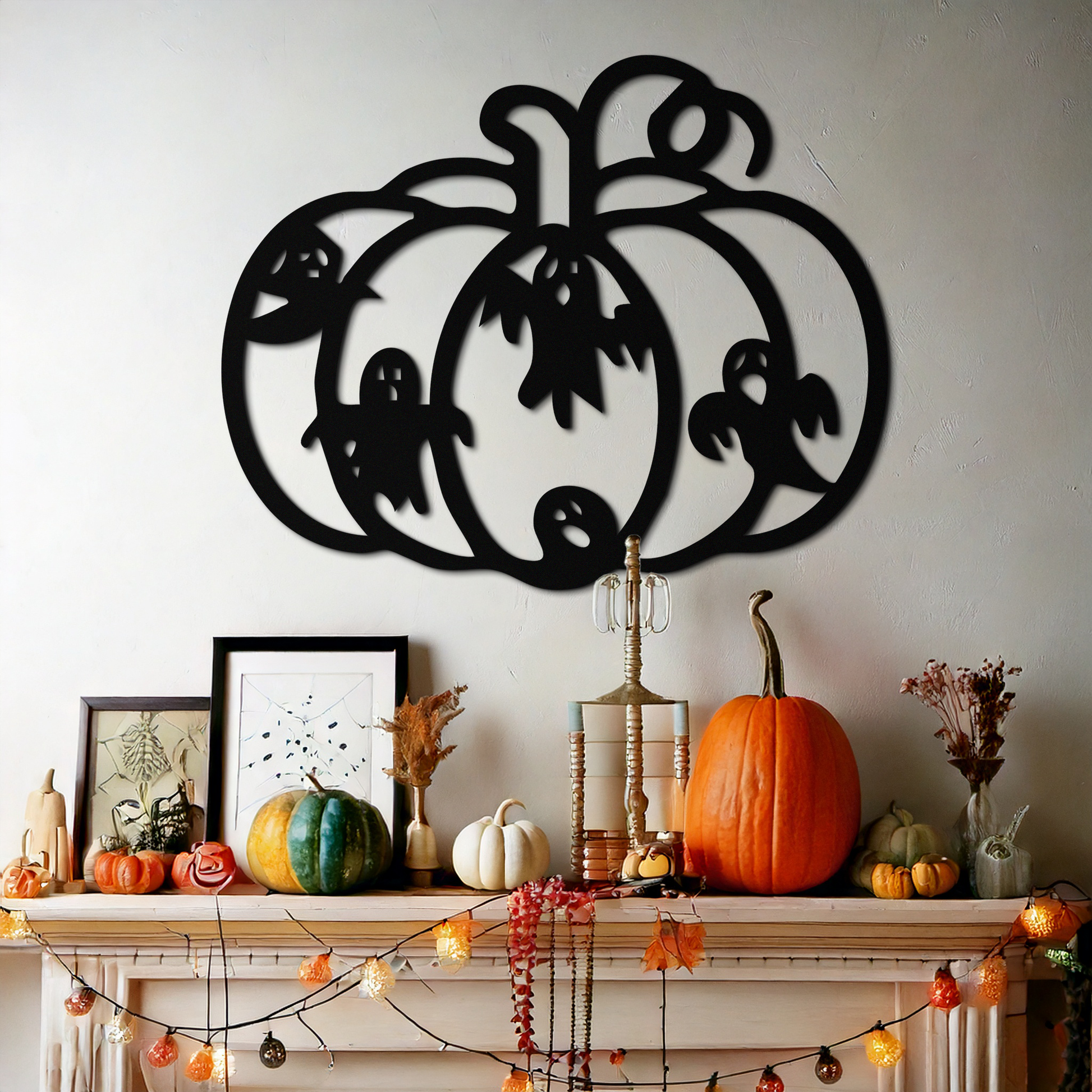 Halloween Pumpkin and Ghosts Metal Wall Art – Spooky Black Steel Decoration- KAF505 - Tampa Home & Garden Store