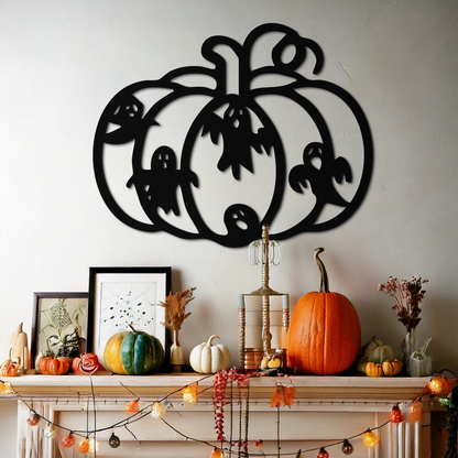 Halloween Pumpkin and Ghosts Metal Wall Art – Spooky Black Steel Decoration- KAF505 - Tampa Home & Garden Store