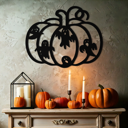 Halloween Pumpkin and Ghosts Metal Wall Art – Spooky Black Steel Decoration- KAF505 - Tampa Home & Garden Store