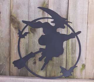 Scary Flying Witch wall hanging metal silhouette, black finish, Rustica Ornamentals on Tampa Home & Garden Store