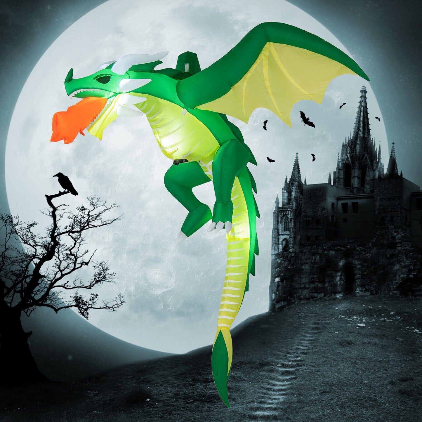 5 Feet Hanging Halloween Inflatable Dragon DirectDeals green and yellow dragon with orange flame mouth on Tampa Home & Garden Store