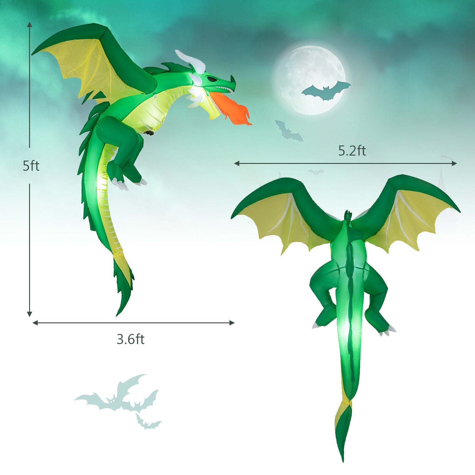 5 ft Hanging Halloween Dragon inflatable by DirectDeals; green dragon with yellow wings, two inflatables in scene on Tampa Home & Garden Store