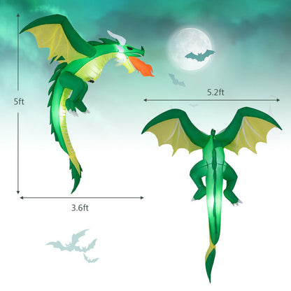 5 ft Hanging Halloween Dragon inflatable by DirectDeals; green dragon with yellow wings, two inflatables in scene on Tampa Home & Garden Store