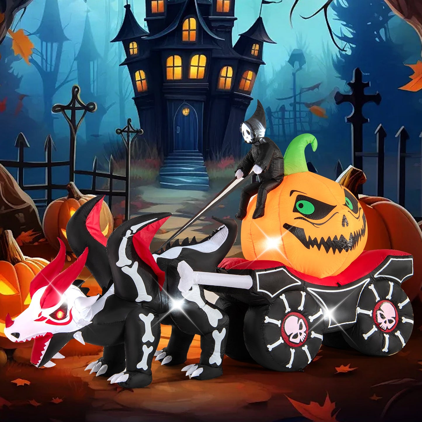 Halloween Inflatable LED Carriage with Pumpkin and Skeleton Dragon, DirectDeals pumpkin rider on Tampa Home & Garden Store