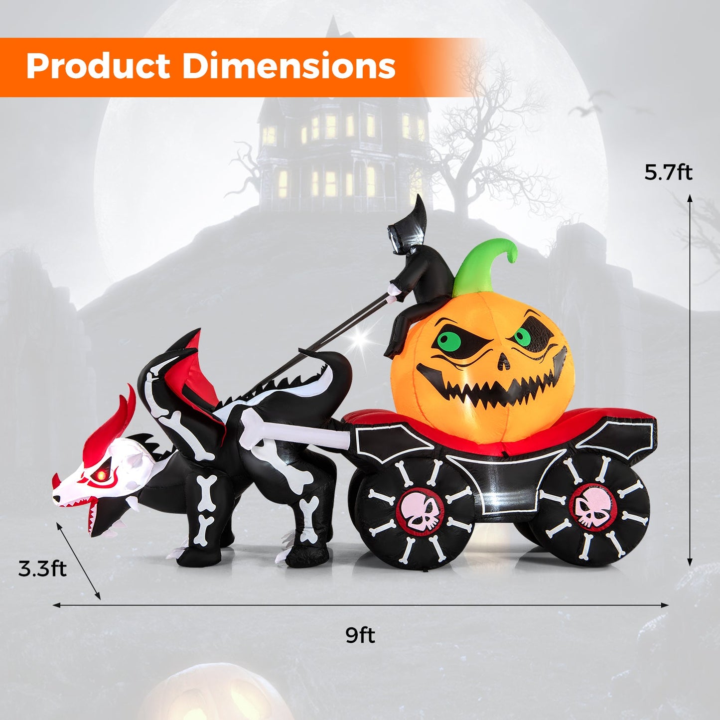 Halloween Inflatable LED Carriage with Pumpkin and Skeleton Dragon, pumpkin, black carriage on Tampa Home & Garden Store